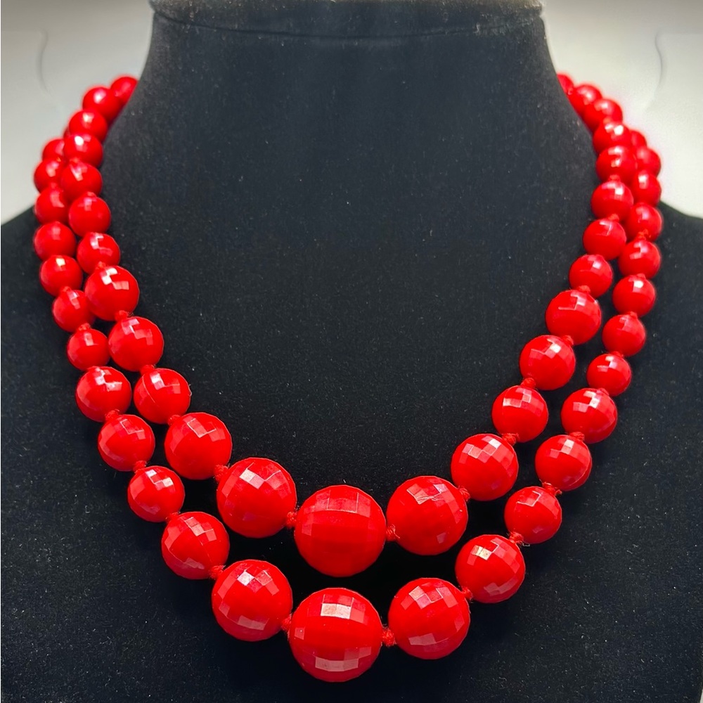 Vtg. 1950s Red Acrylic Faceted Beads 2 Strand Necklace